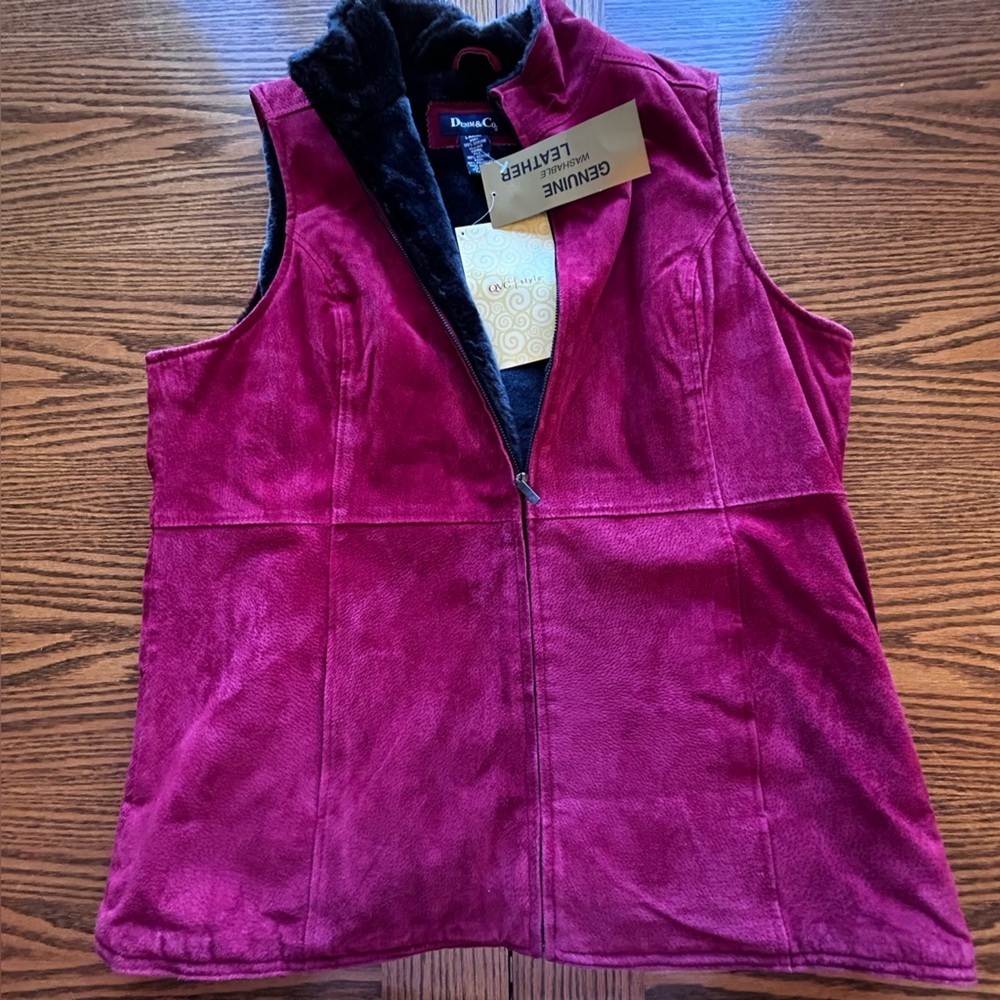 Denim&Co NWT Red Leather Faux Fur Lined Zip Vest Front Pockets Size L